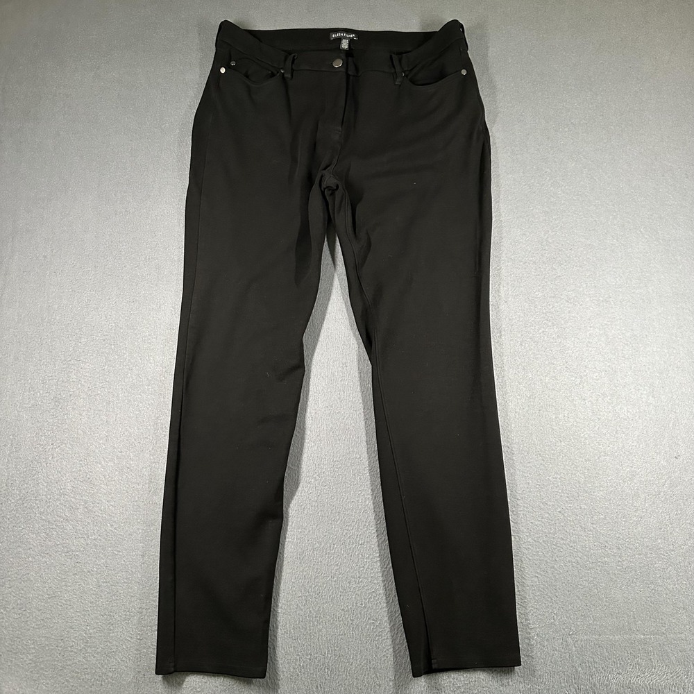 Eileen Fisher Ponte Pants Women 14 Black Dark Wash Mid Rise Slim Tapered Stretch